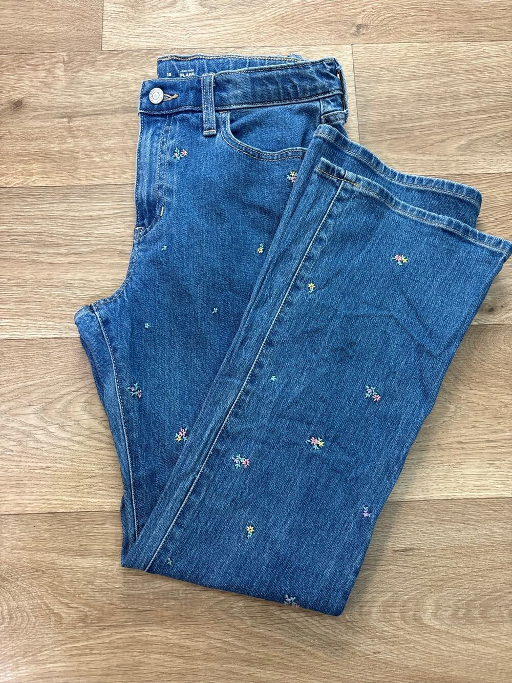 Old Navy Girls High-Rise Flare Jeans Embroidered Floral Blue Denim Size 18